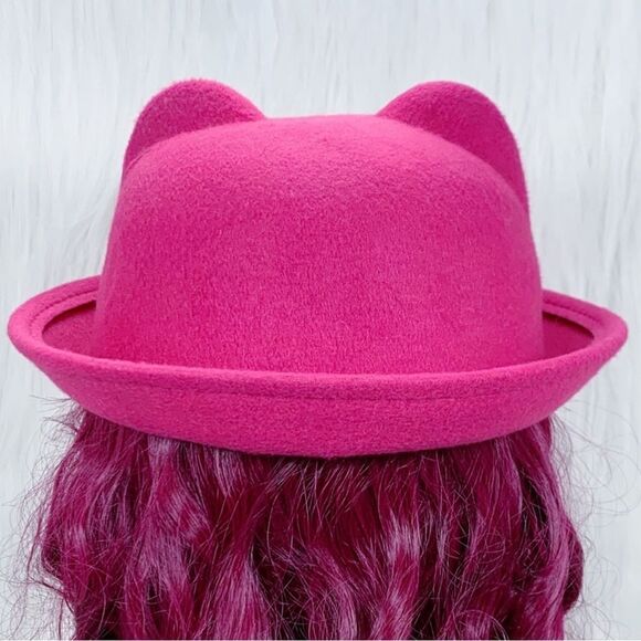 Pink Round Crown Stiff Brim Derby Cat Ears Bowler Hat NEW - Picture 1 of 4